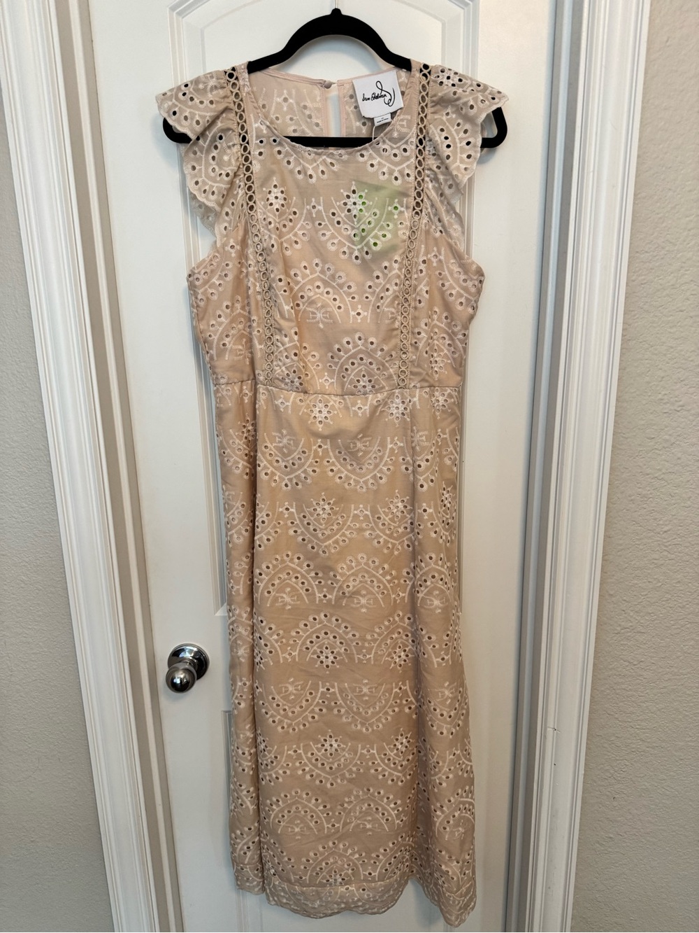 Occasion dress. Sam Edelman Beige Eyelet Lace Midi Dress